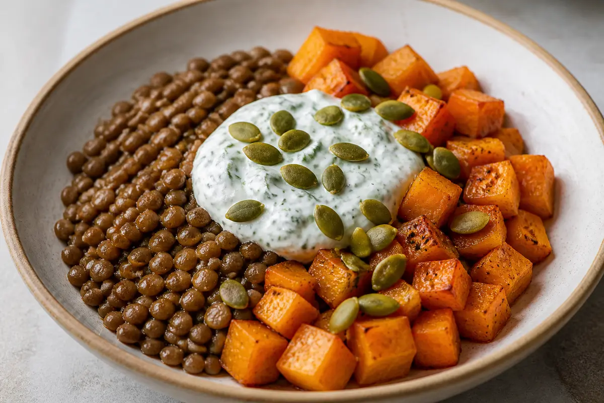 Bowl tibio exprés de lentejas, calabaza salteada y yogur de hierbas con pipas crujientes
