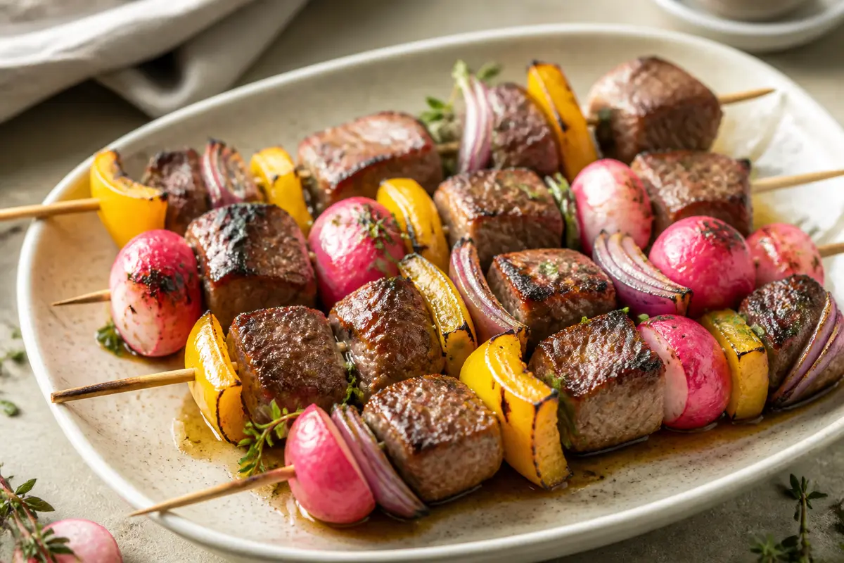 Brochetas de res a la parrilla con rábanos, pimiento amarillo y adobo de tamari, naranja y tomillo