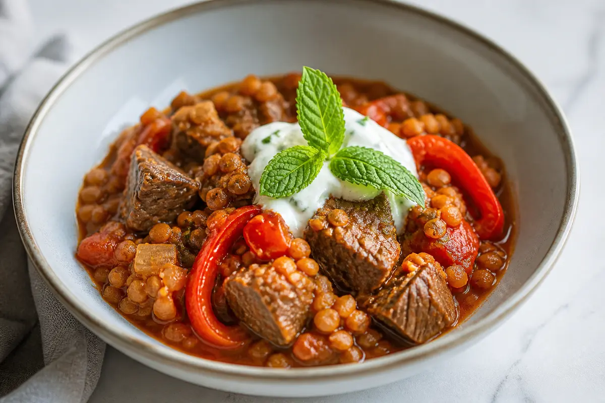 Instant Pot Beef with Red Lentils, Roasted Pepper and Mint Yogurt