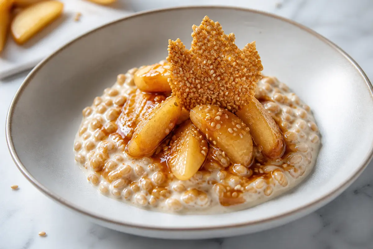 Creamy sweet farro with golden apples, miso caramel, and sesame crisp