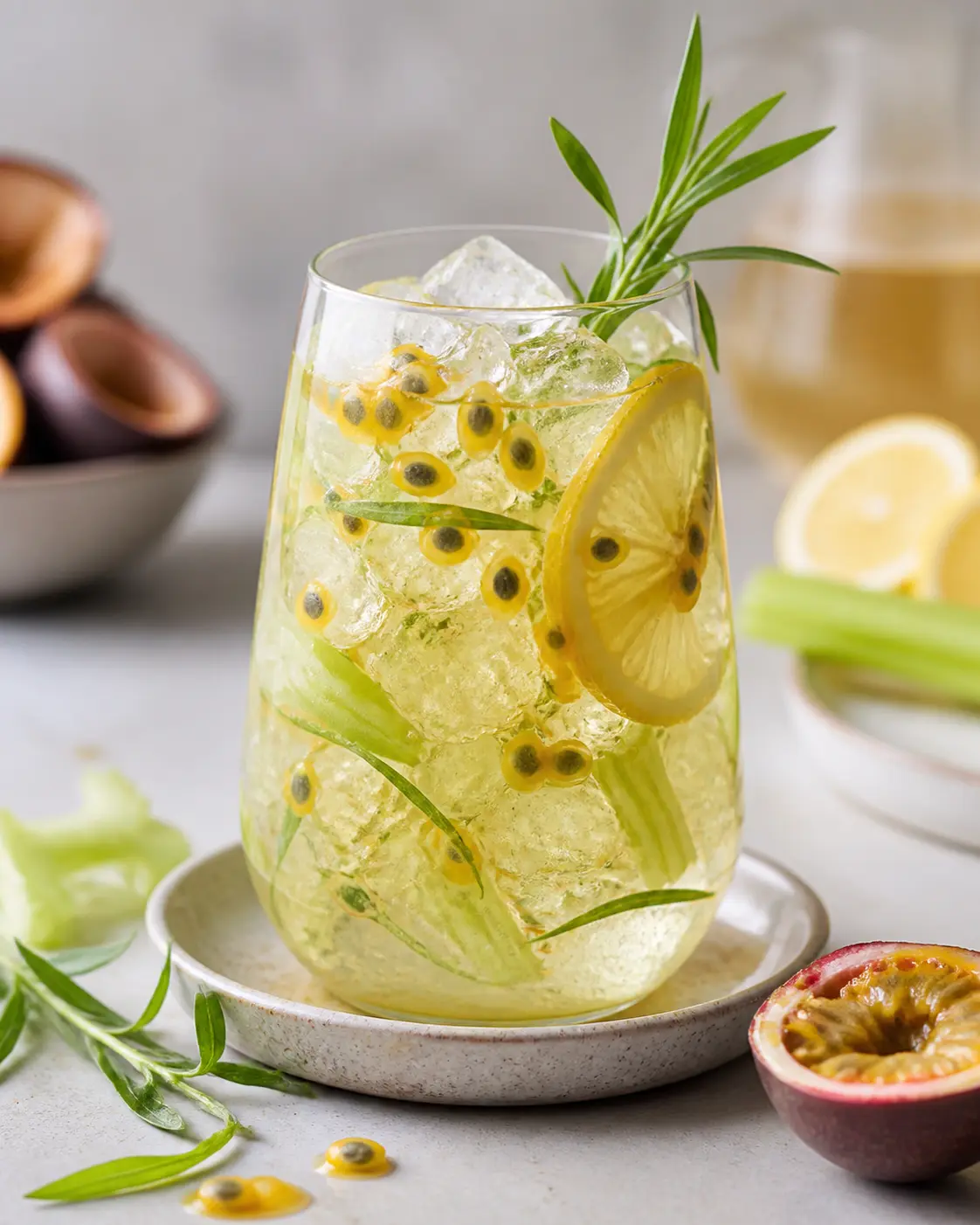 Iced passion fruit, tender celery and white tea soda with lemon and tarragon