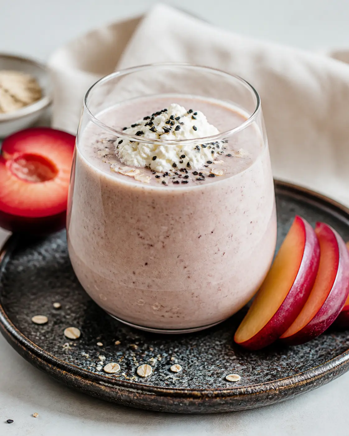 Batido Neblina de Ciruela, Avena y Ricotta con Vainilla y Sésamo Negro