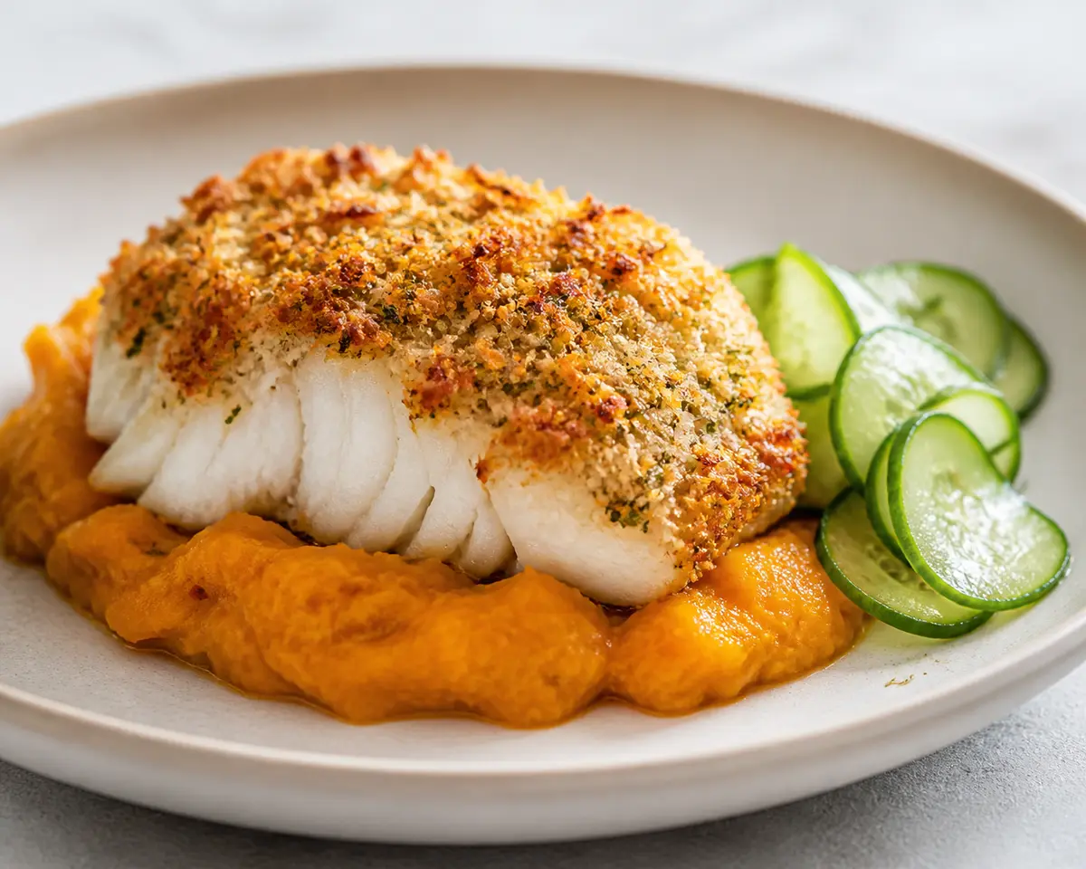 Caribbean Baked Fish with Coconut Herb Crust over Mashed Sweet Plantain and Lime-Pickled Cucumber
