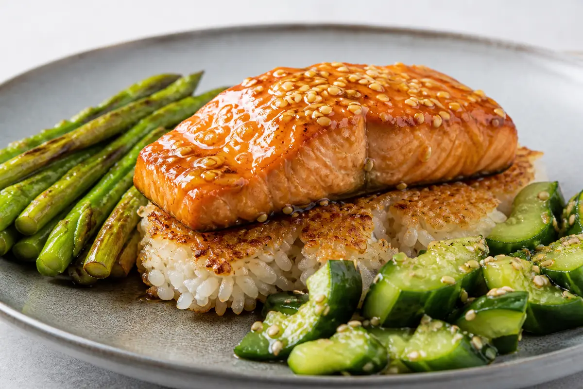 Arroz jazmín crujiente con salmón lacado al miso cítrico, espárragos al wok y pepino machacado con sésamo