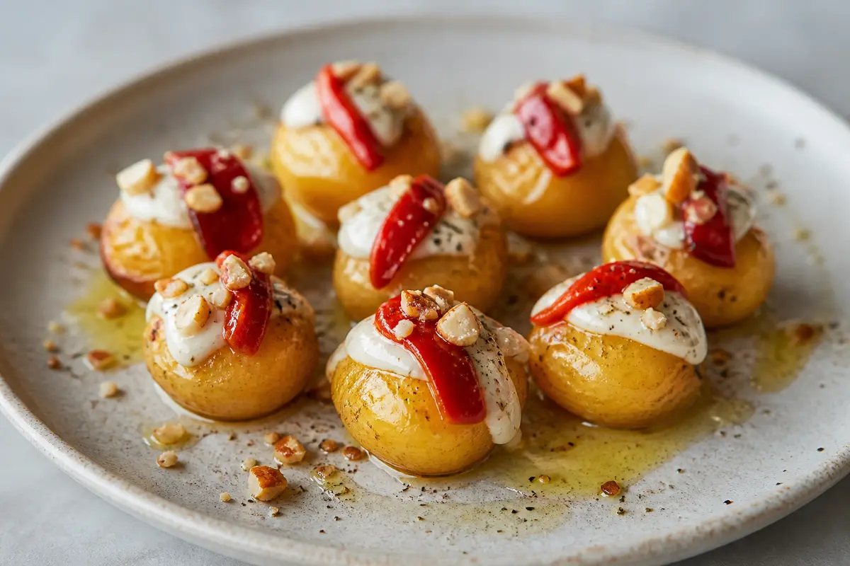 Golden Potato Bites with Manchego Cream, Piquillo Pepper and Crunchy Almond