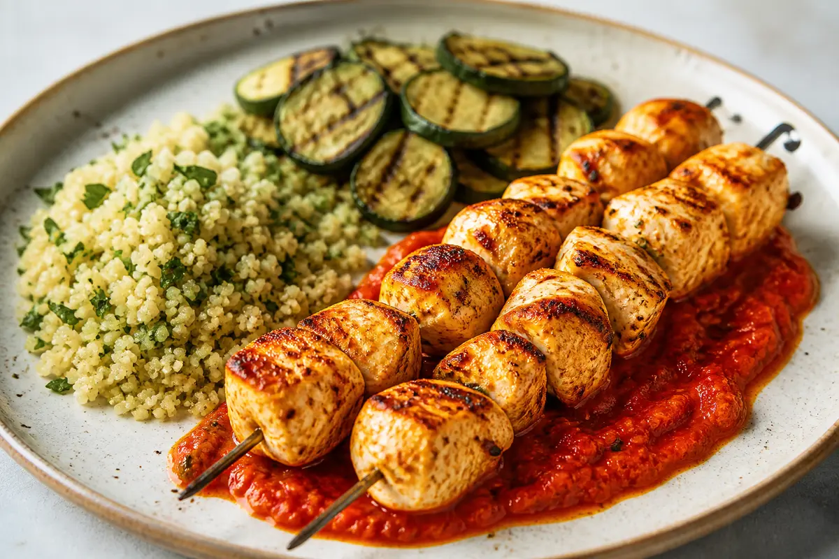 Paprika Yogurt Chicken Skewers with Herbed Couscous, Griddled Zucchini and Warm Roasted Tomato Sauce
