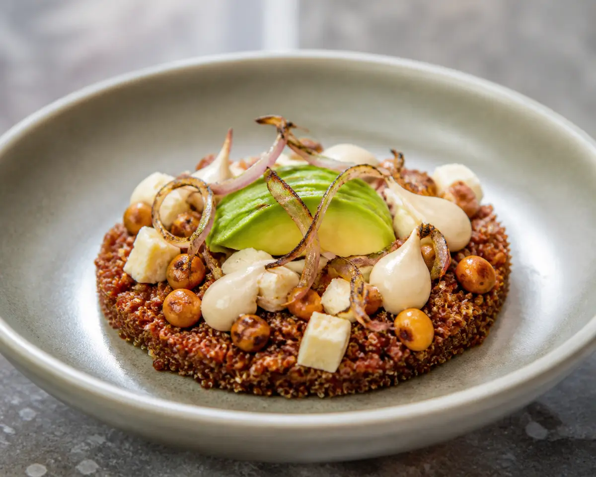 Golden Red Quinoa, Panela Cheese and Toasted Corn Bites with Avocado and Roasted Onion Cream