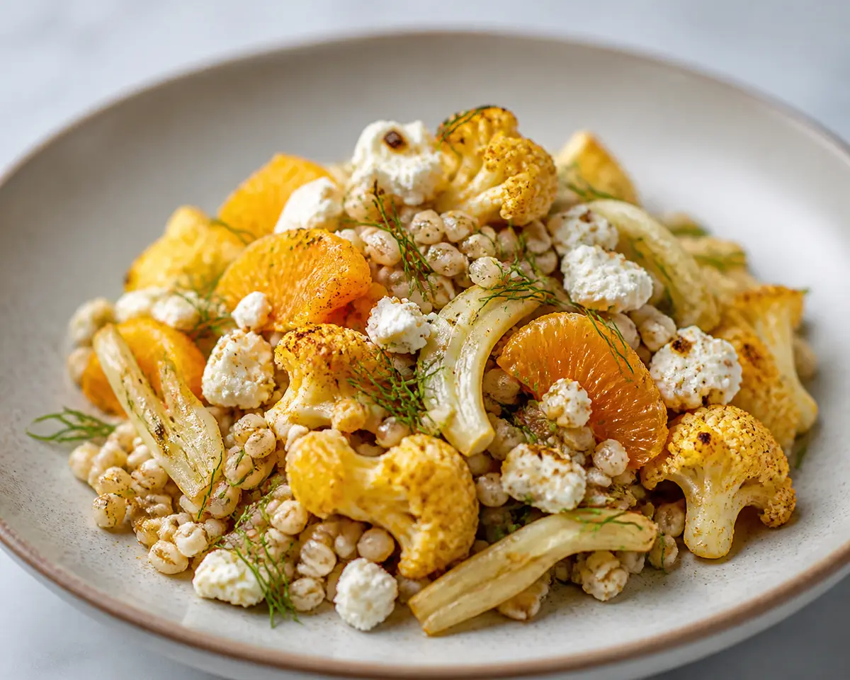 Ensalada tibia de cebada perlada con coliflor especiada, hinojo salteado, naranja fresca y feta tostada