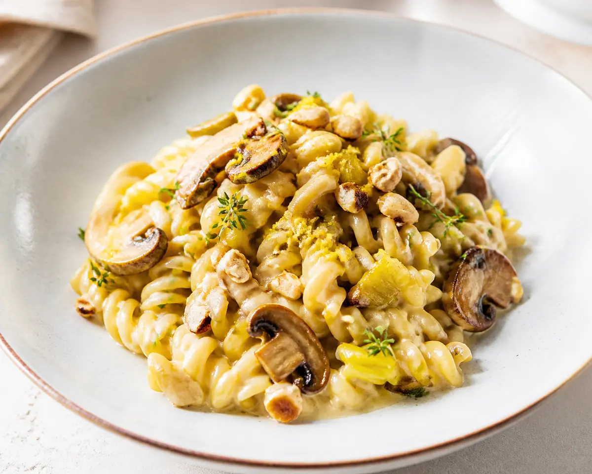 Fusilli cremosos de puerro asado, setas doradas y mascarpone con limón, tomillo y avellana crujiente