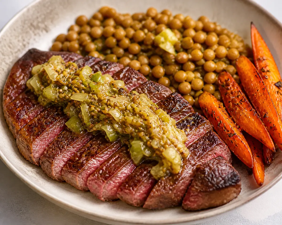 Bistec de Res con Mantequilla Tibia de Puerro y Mostaza, Lentejas Doradas y Zanahorias al Comino