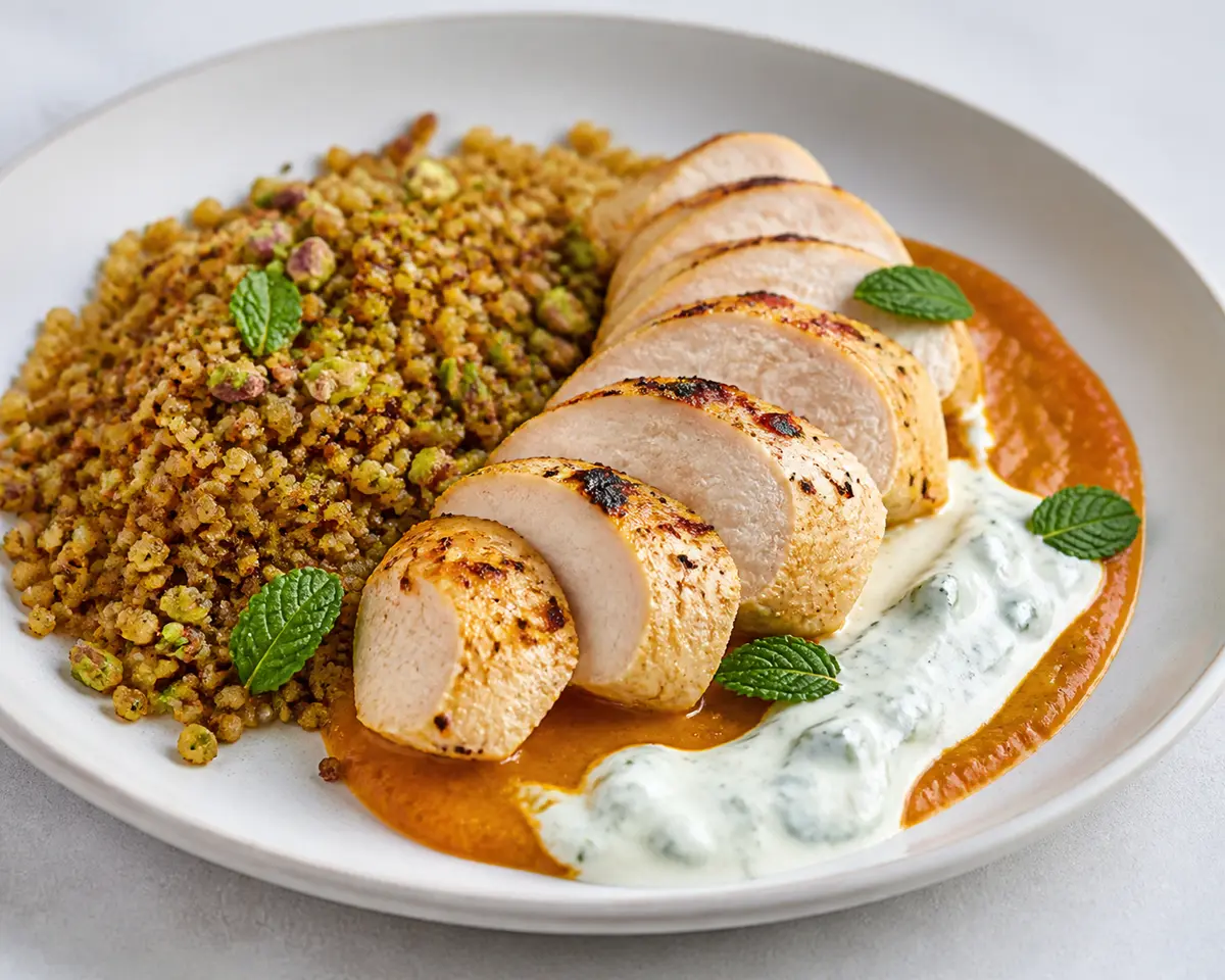Baked Chicken with Spiced Carrot Sauce, Mint Yogurt, and Crispy Pistachio Couscous