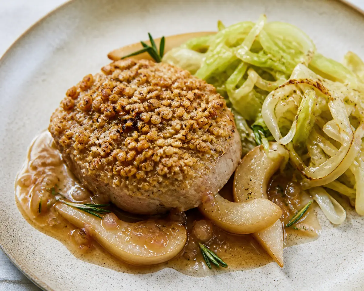 Pork Chops with Toasted Barley Crust, Pear-Shallot Rosemary Sauce, and Sautéed Cabbage