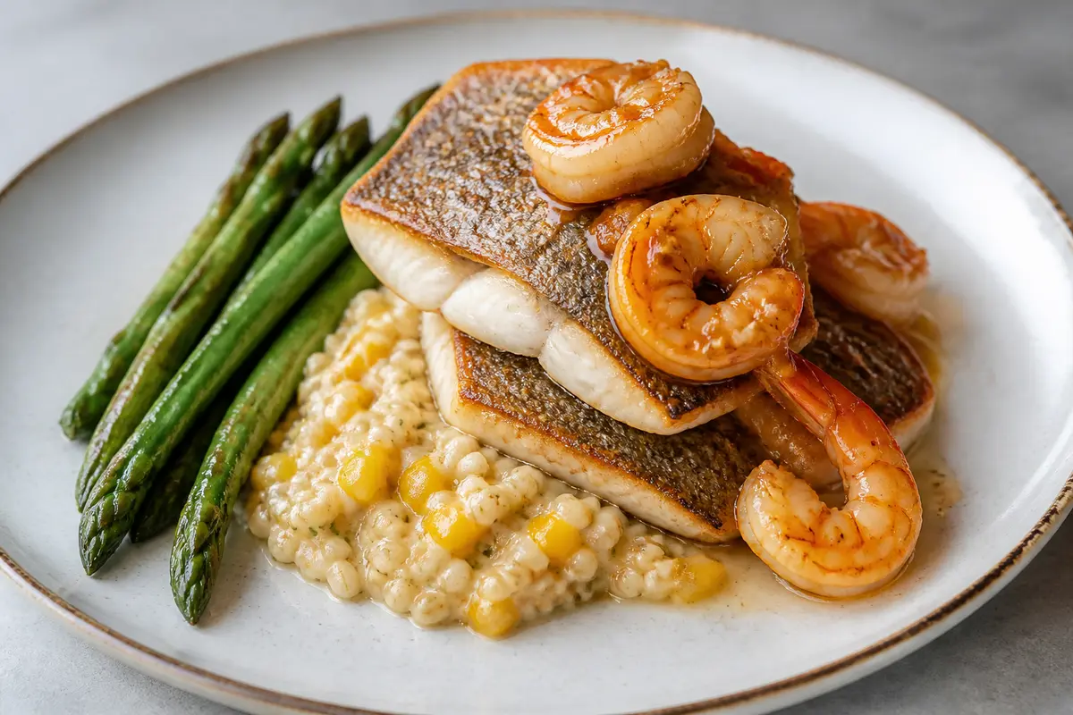 Crispy Sea Bass with Orange Blossom Shrimp, Creamy Barley with Yellow Pepper and Sautéed Asparagus