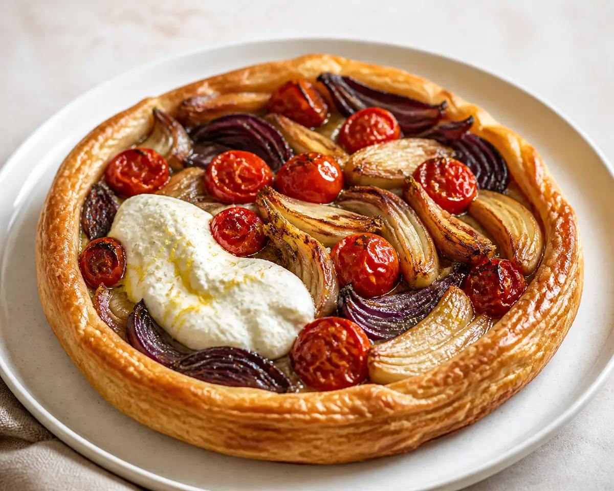 Tarta invertida de cebolla morada, hinojo y tomate cherry con crema de feta al limón