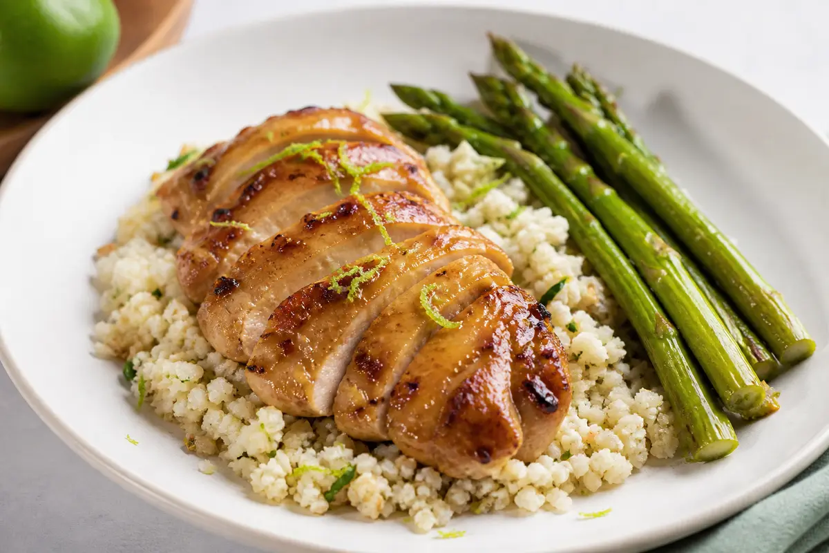 Pollo al miso cítrico con arroz de coliflor al coco y espárragos tostados