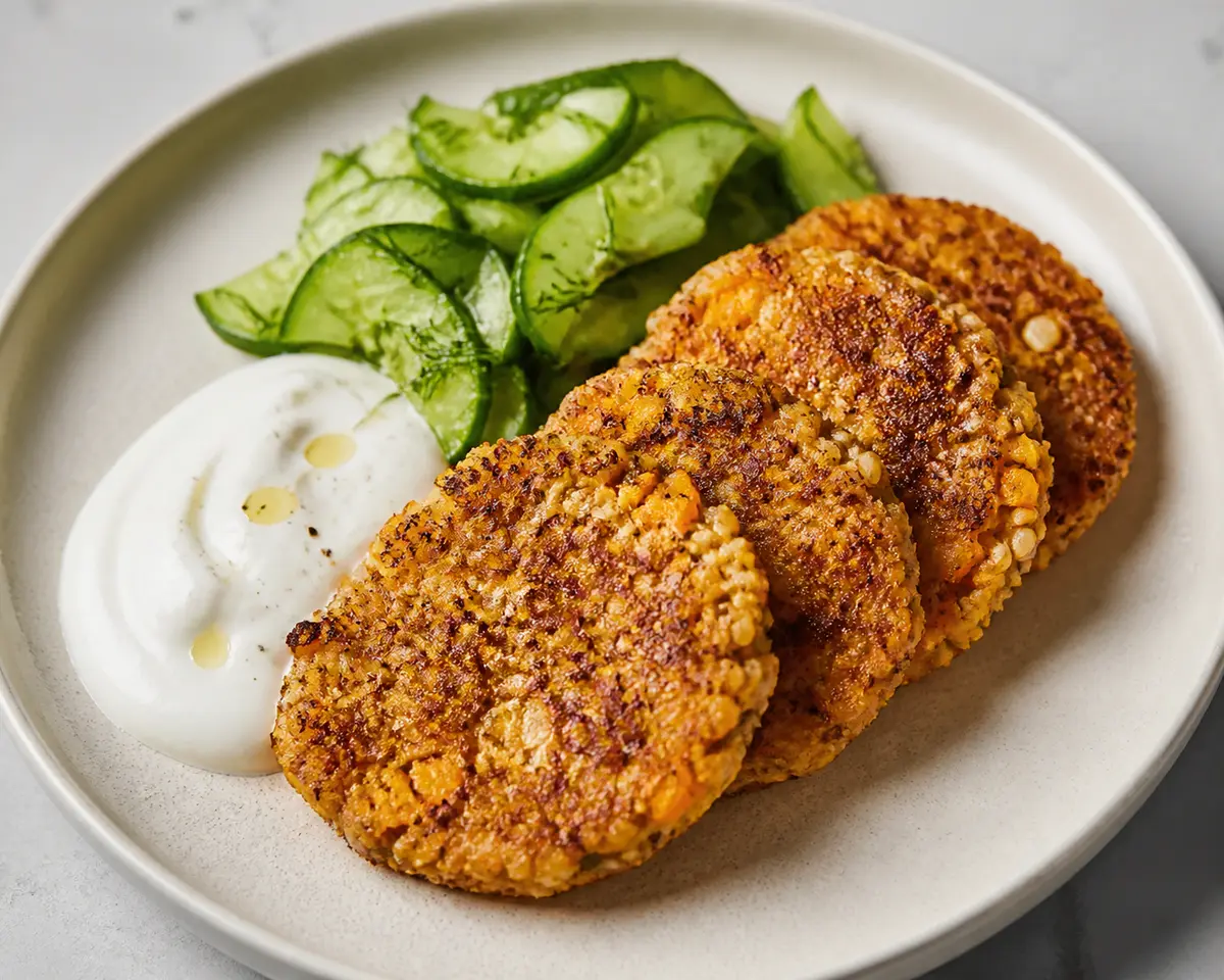 Tortitas crujientes de arroz integral y calabaza con crema de yogur al limón y ensalada tibia de pepino y eneldo
