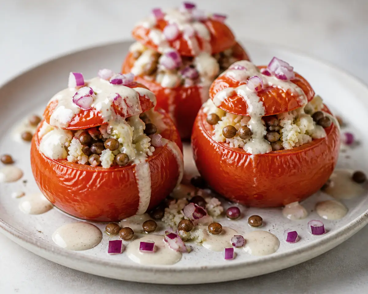 Roasted Tomatoes Stuffed with Cauliflower Couscous, Spiced Lentils, and Lemon Sunflower Cream