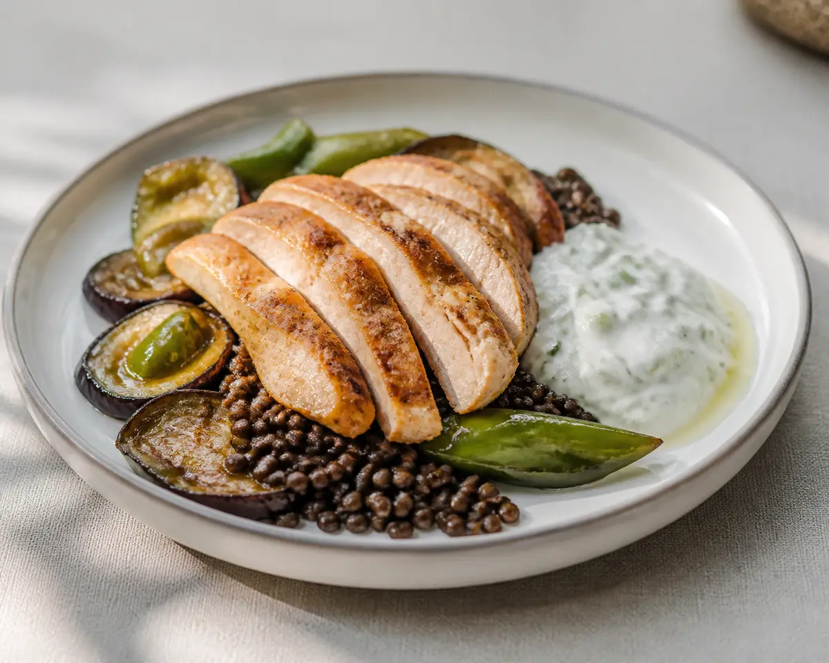 Turkey with green paprika, roasted eggplant, black lentils, and fresh cucumber yogurt sauce
