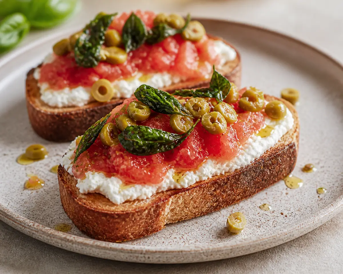 Quick whipped cottage cheese toasts with grated tomato, green olives, and crispy basil