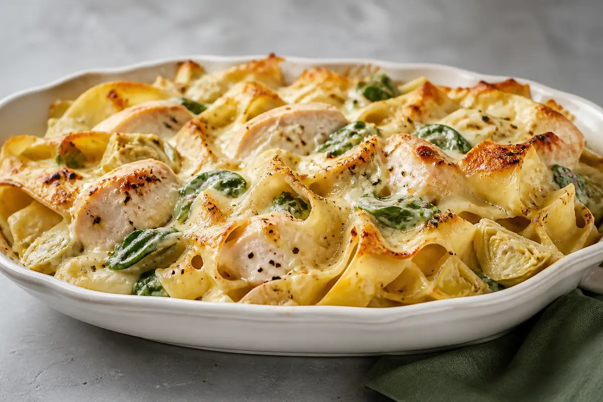 Pastel Familiar de Papardelle con Pollo al Horno, Alcachofas y Crema Suave de Parmesano