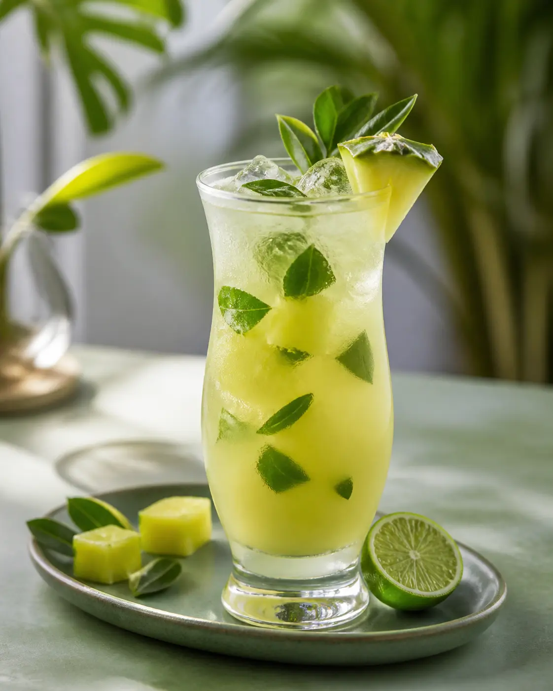 Fizz helado de piña verde, lima, hoja de curry y agua con gas