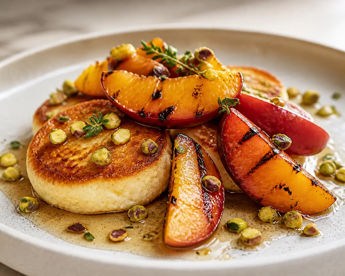 Tortitas tibias de ricotta y polenta con nectarinas chamuscadas, miel de tomillo y pistacho crujiente