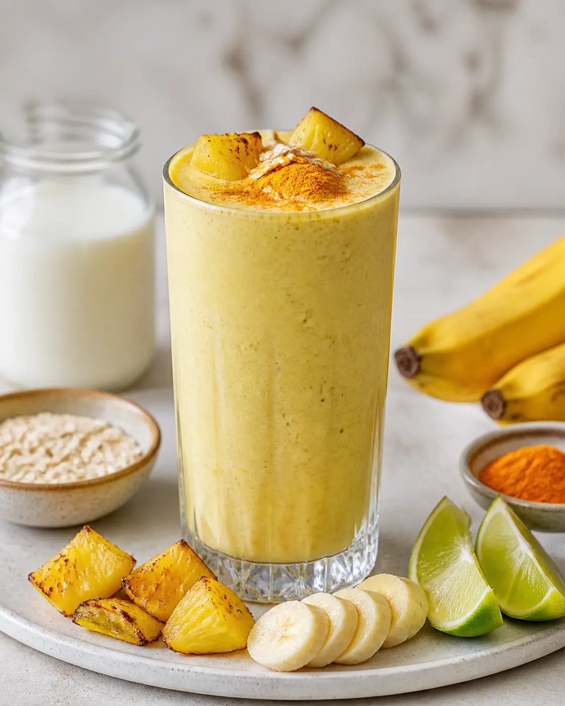 Golden Breeze Smoothie with Roasted Pineapple, Banana and Kefir with Turmeric and Lime