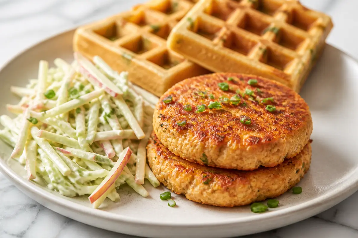 Pastelitos de pollo búfalo suave con waffles salados de cebollín y ensalada cremosa de apio y manzana