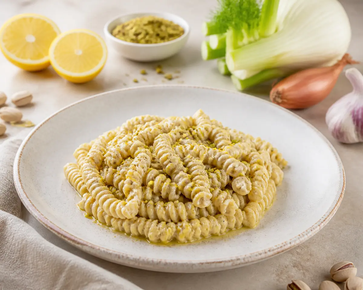 Fusilli with roasted fennel cream, lemon, brown butter and crunchy pistachio