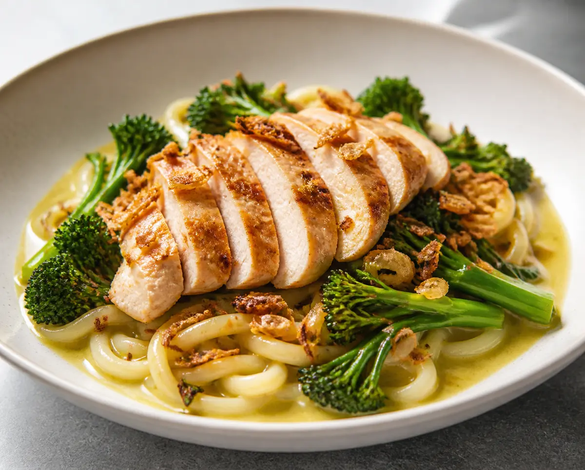 Udon al curry suave de coco y lima kaffir con pollo dorado, broccolini al wok y chalota crujiente