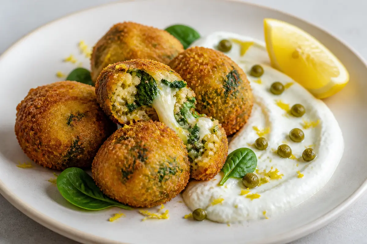 Crispy Millet, Spinach and Scamorza Croquettes with Lemon-Caper Yogurt Dip
