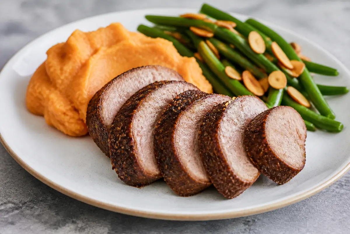 Lomo de cerdo al café suave con puré de boniato especiado y judías verdes salteadas con almendra
