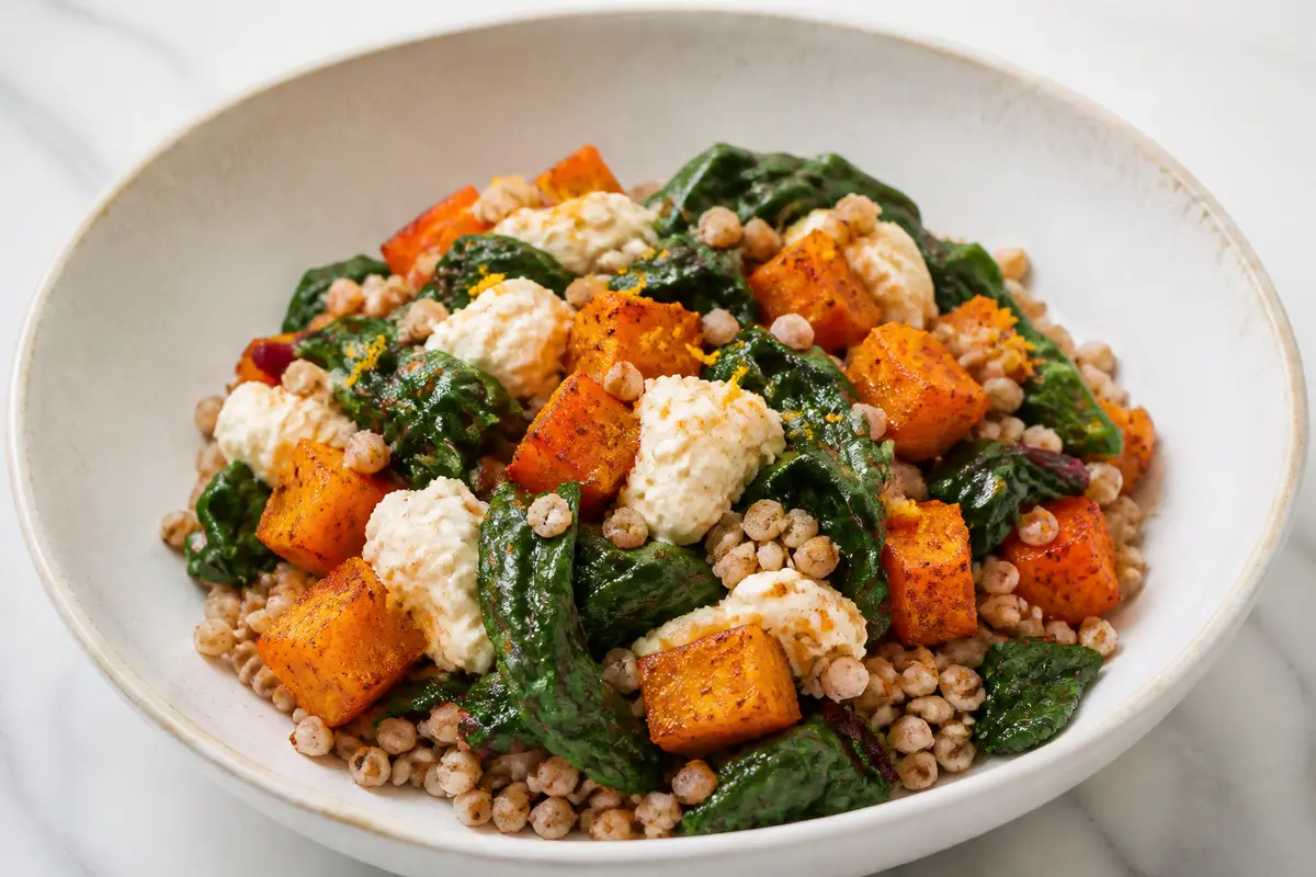 Warm Buckwheat Salad with Paprika Roasted Squash, Sautéed Chard and Citrus Ricotta Cream