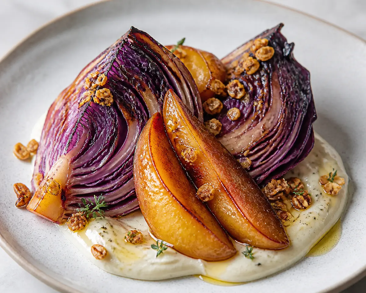 Roasted Red Cabbage Wedges with Thyme Cannellini Cream, Balsamic-Glazed Pears and Oat Walnut Crumble