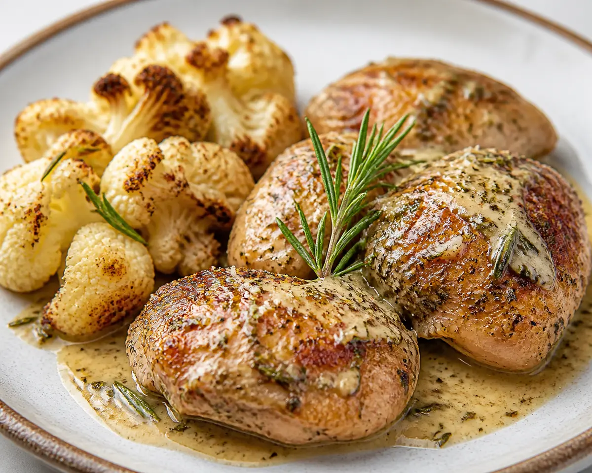 Keto Chicken Thighs in Parmesan Rosemary Olive Sauce with Roasted Cauliflower