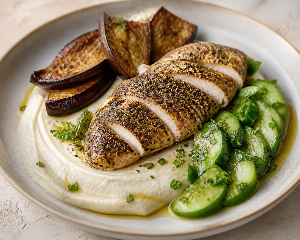 Pollo al zaatar con crema de coliflor y tahini, berenjena asada y pepino tibio con menta