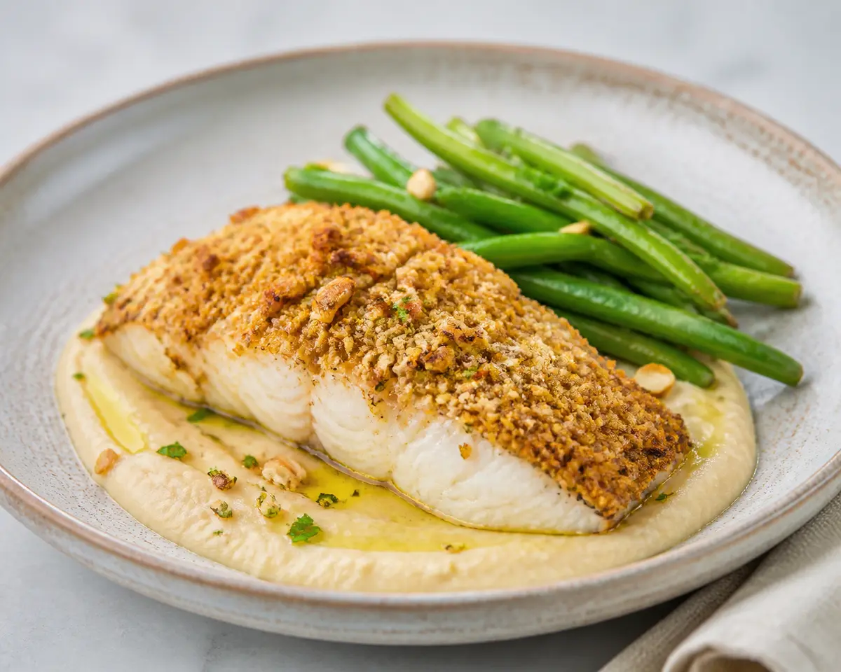 Merluza dorada con costra de almendra y parmesano sobre crema de cannellini al limón y judías verdes salteadas
