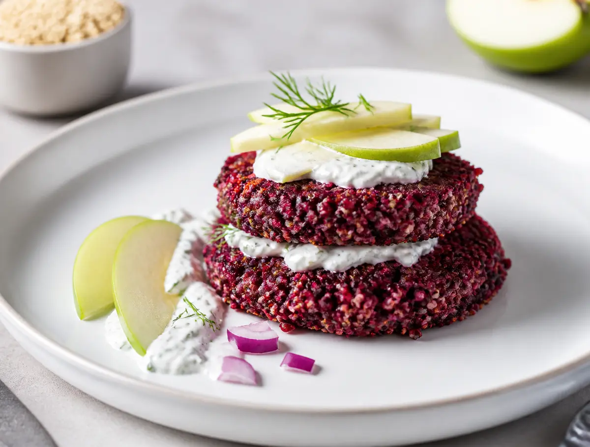 Tortitas de Quinoa y Remolacha con Crema de Queso de Cabra al Eneldo y Manzana Verde