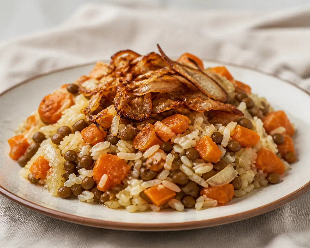 Pastel Económico de Arroz, Zanahoria y Lentejas con Cubierta Crujiente de Cebolla