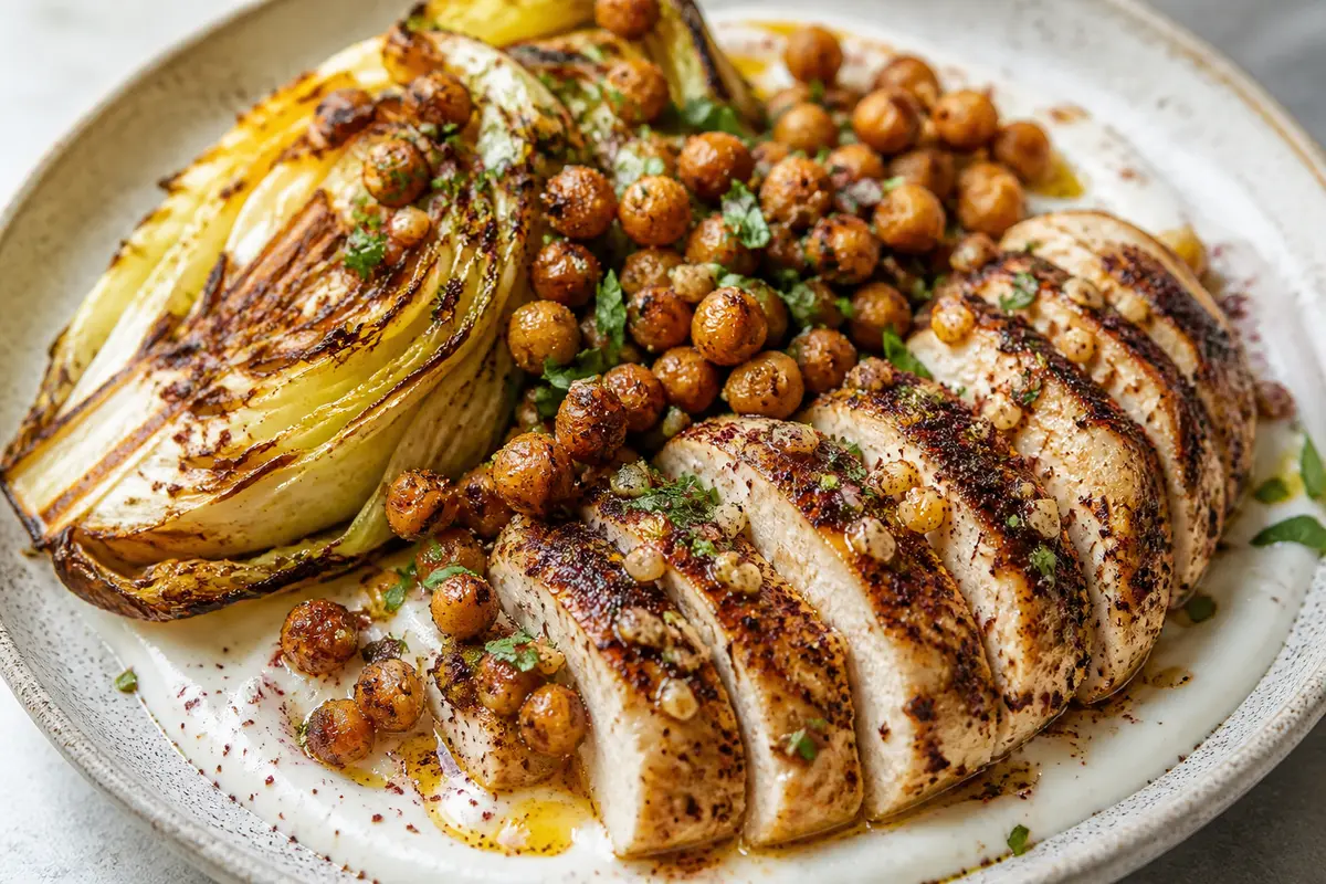 Pollo al sumac con repollo asado, yogur de tahini y garbanzos crujientes