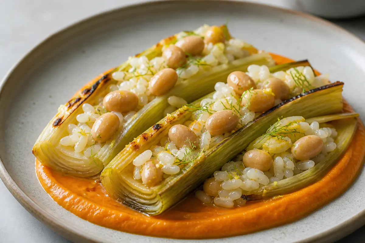 Roasted Leek Boats with Creamy Lemon Rice, Golden White Beans and Roasted Carrot Miso Sauce