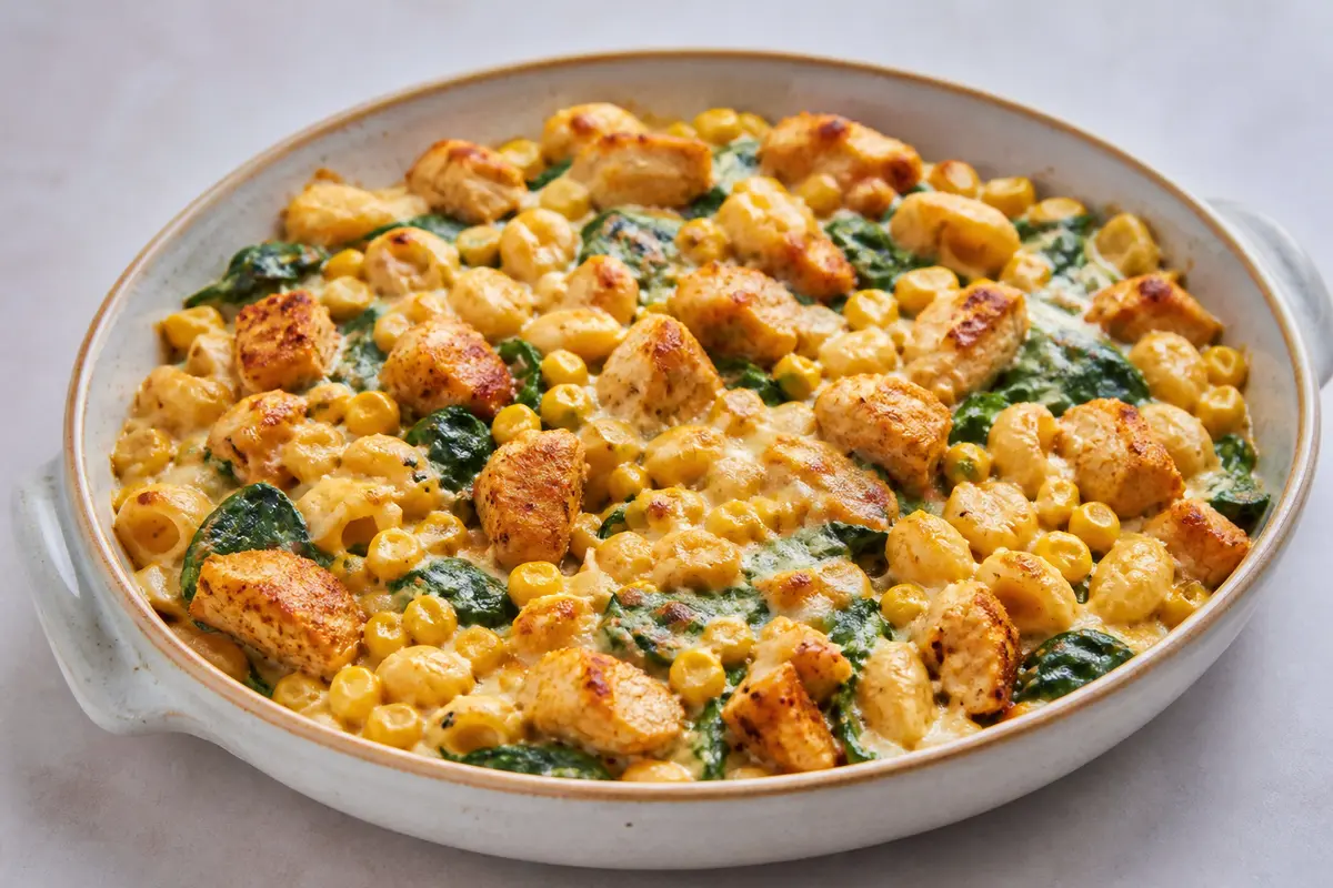 Family Baked Gnocchetti with Smoked Paprika Chicken, Sweet Corn and Creamy Spinach Gratin