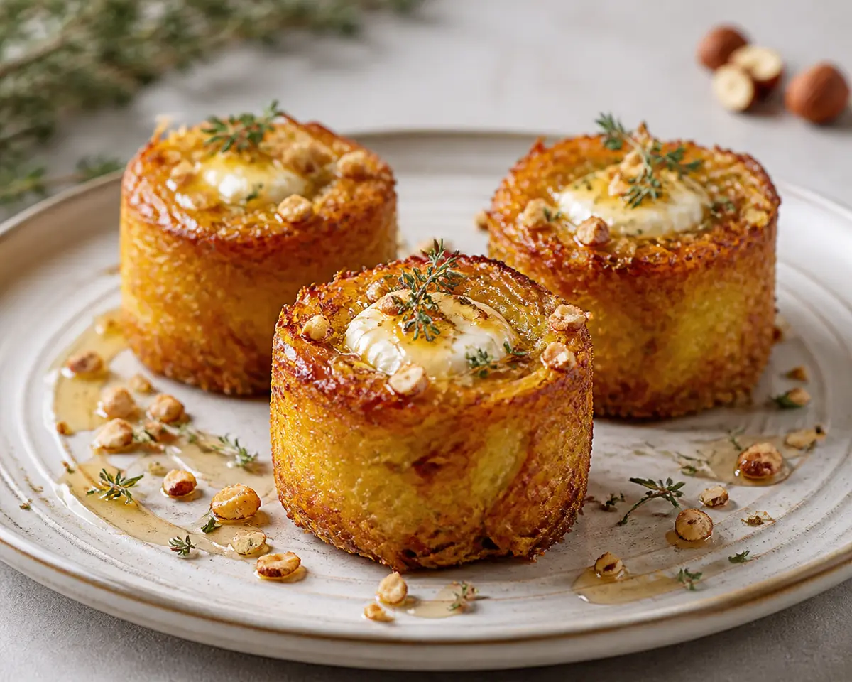Crispy Potato and Leek Timbales in the Air Fryer with Goat Cheese Center, Thyme Honey and Hazelnut