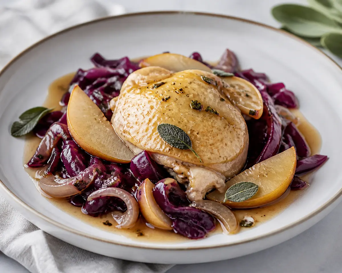 Slow Cooker Chicken with Red Cabbage, Pear, and Gentle Cider-Onion-Sage Sauce
