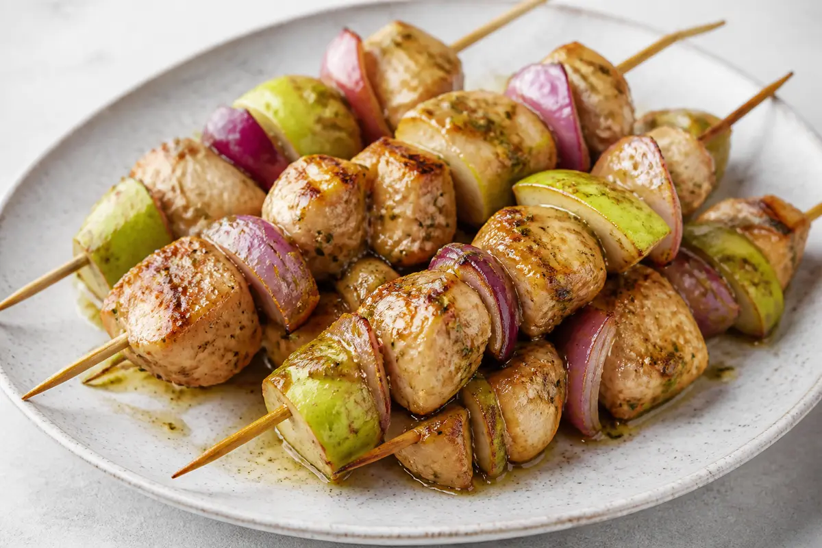 Grilled Chicken Skewers with Green Apple, Red Onion, and Cider Tarragon Mustard Marinade